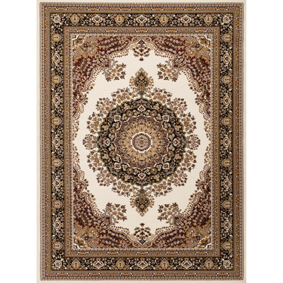 7 pi 10 po X 6 po, fait à la machine, tapis rectangulaire, multicolore, orné traditionnel, style médaillon, 100% polypropylène, envers en jute, sous tapis multi-motifs avec motif, luxe classique