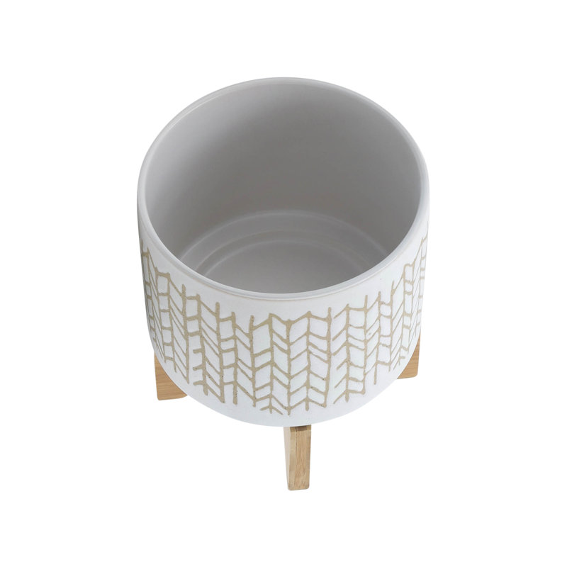 Stoneware Ceramic Planter with Carved Geometric Detail on Wood Stand Decorative Indoor Accent Pot, 8" H x 7" W x 7" D, 1