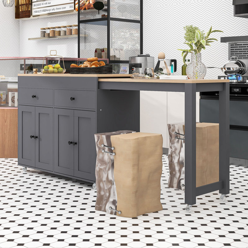 Versatile Kitchen Cart with Lockable Wheels, Extendable Table, and Spacious Cabinets, Gray