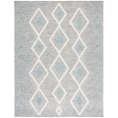 Vermont Hand Loomed Wool/Cotton Southwestern Rug in Ivory/Blue
