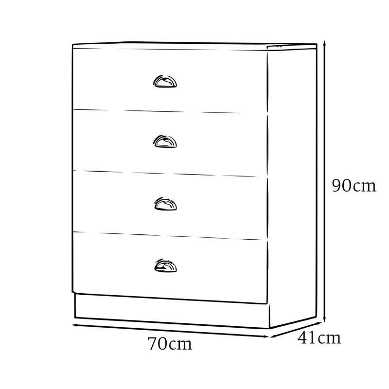Lorola 4 Drawer Chest Of Drawers. 70cm Wide. Matt Finish, Oak Effect Top. Polished Chrome Cup Handles, White