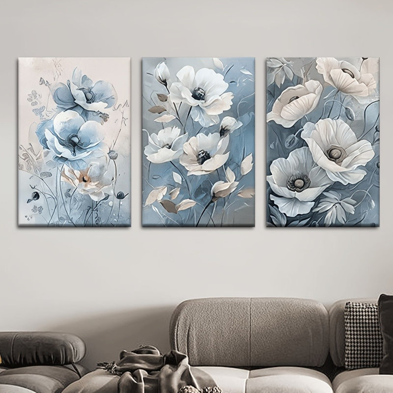 Impression sur toile 3 pièces Glam Blue Poppy Floral - Calm Living Space, 16 * 12 pouces 3 pièces