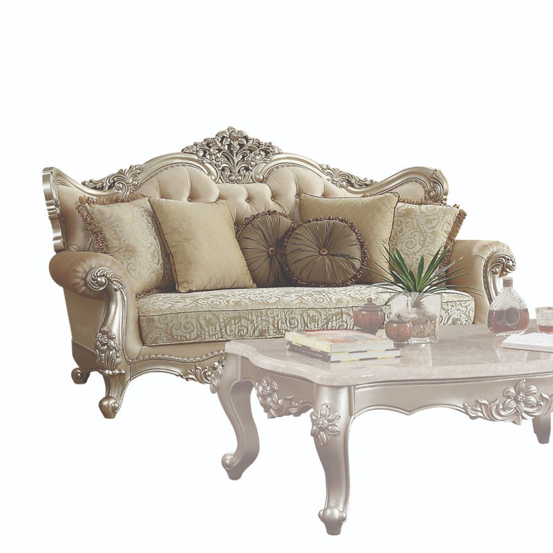 88" Champagne Gold Tufted Victorian-Inspired Sofa with 7 Pillows