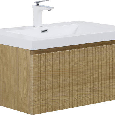 Meuble-lavabo flottant 30 po avec lavabo, armoire de rangement murale moderne, tiroir à fermeture en douceur, lavabo blanc brillant, finition chêne naturel