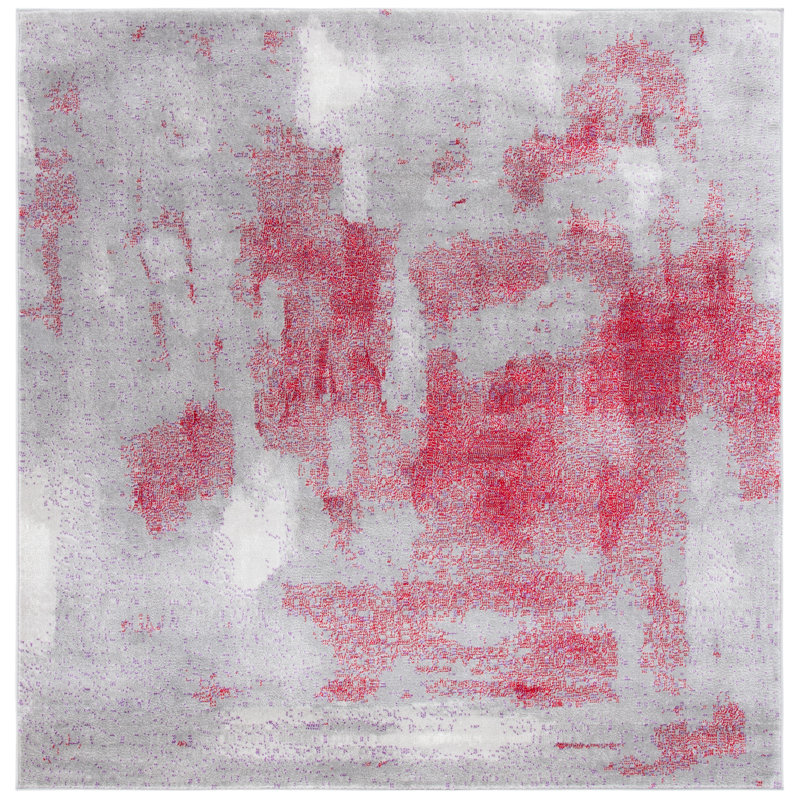 Tapis gris / rouge à motif abstrait, Carré 6 pi 7 po
