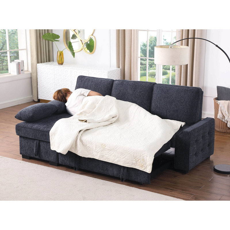 91"W Chenille Fabric Reversible Sleeper Sectional With Storage Chaise, Drop-Down Table, Cup Holders And Charging Ports