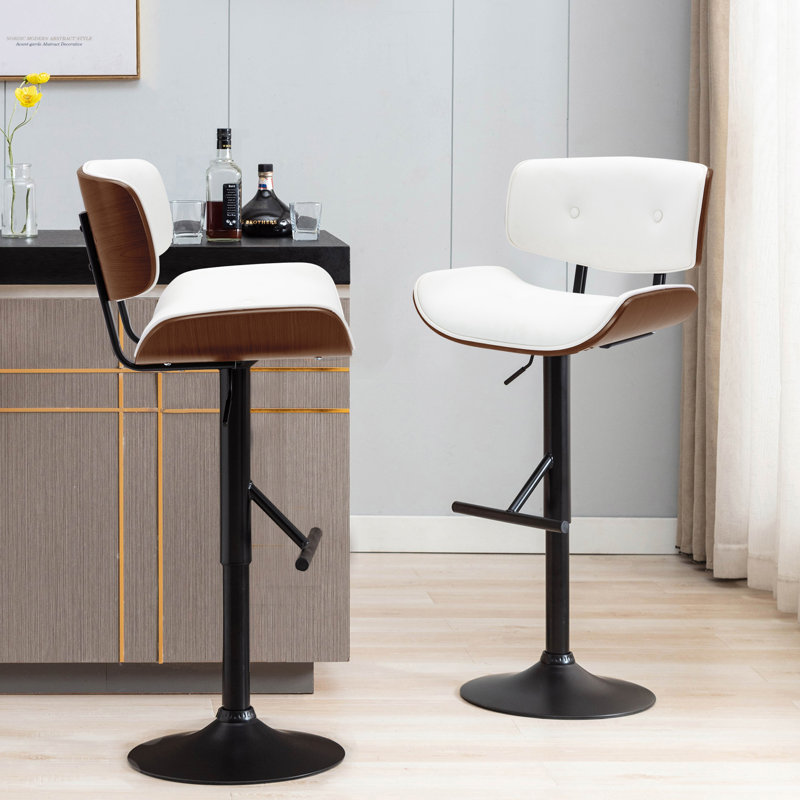 Pehrson Swivel Height Adjustable Faux Leather Mid-Century Bar Stool, White