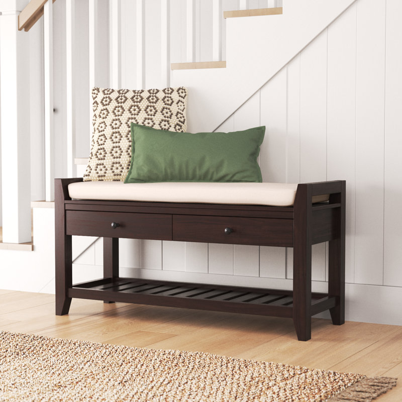 Alexandria Wood Storage Bench, Shoe Rack with Cushioned Seat and Drawers, Multipurpose Entryway Storage Bench, Espresso