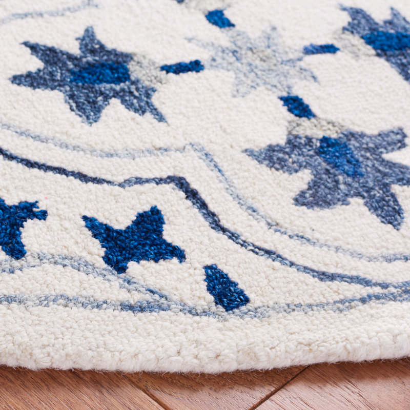 Tapis floral bleu / ivoire en laine / coton touffeté à la main Cendy, Carré 5 pi