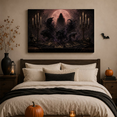 Têtes de bêtes sombres et fumées avec cartes de tarot et toile murale rouge d'Halloween
