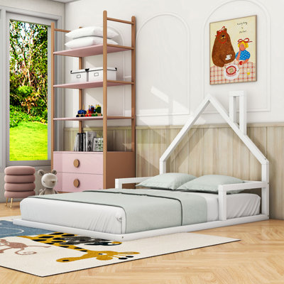 Wooden House-Shaped Floor Bed With Chimney Design