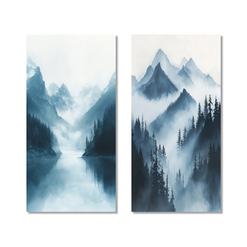«Winter Misty Peaks in the Morning I», ensemble de 2 grandes décorations murales en métal, 32" H x 32" W