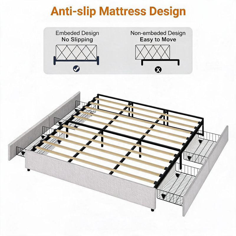 Structure de lit tapissier grand format en lin avec 4 tiroirs de rangement, lattes en bois, silencieux, sans sommier tapissier, gris clair