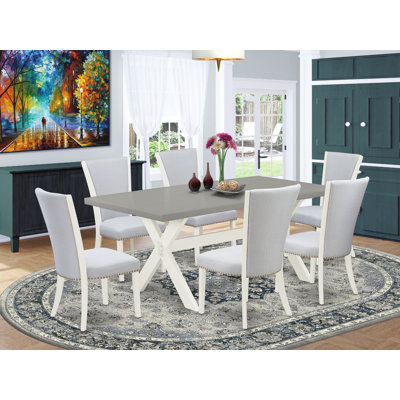 Ensemble de table et chaises de cuisine 7 pièces comprenant une table de salle à manger rectangulaire avec pieds en X et 6 chaises rembourrées en tissu de lin gris, lin brossé blanc