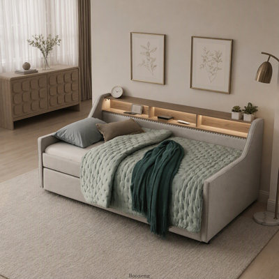 Canapé-lit simple en lin rembourré, 3 lumières DEL, tête de lit réglable, deux tiroirs et chargement sans fil, canapé-lit multifonctionnel beige et intelligent
