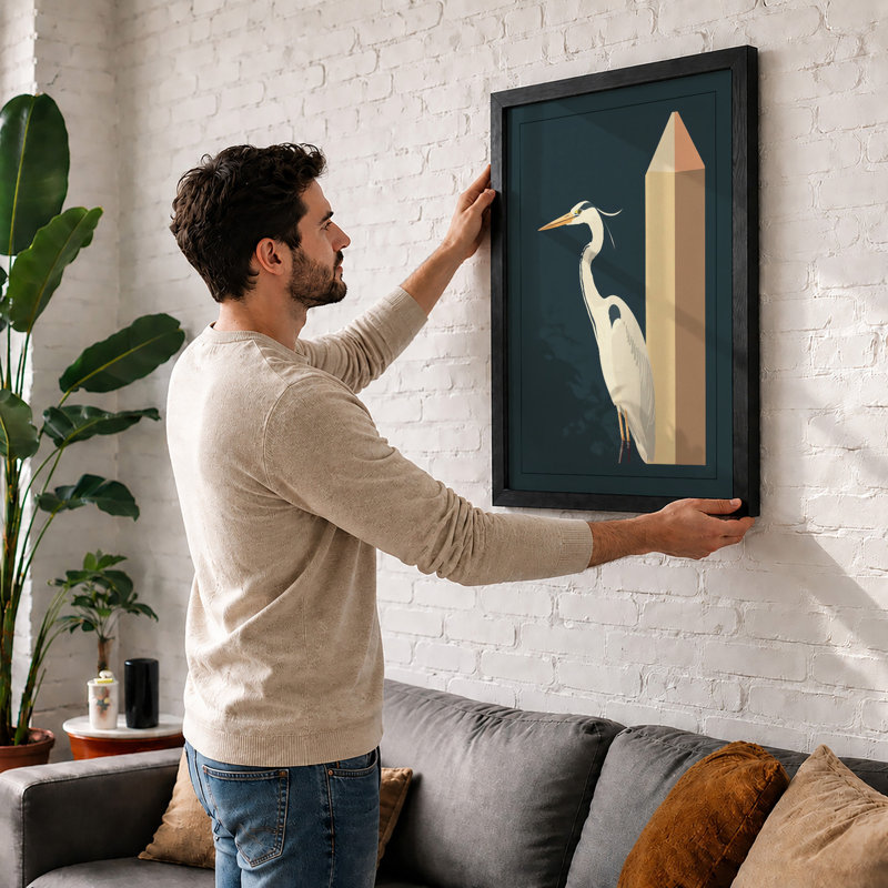 Heron and Lighthouse Art Deco - Framed Print, A1 - 84.1 x 59.4 cm, White