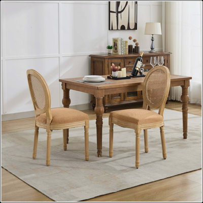 French Style Solid Wood Frame Antique Dining Chair Set, Linen Fabric Rattan Back, Comfortable and Durable, Set of 2, Tan