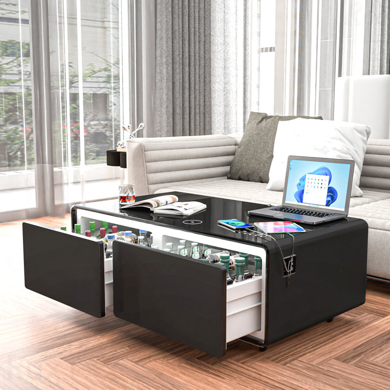 Table basse moderne et intelligente avec réfrigérateur intégré et haut-parleurs Bluetooth, Noir