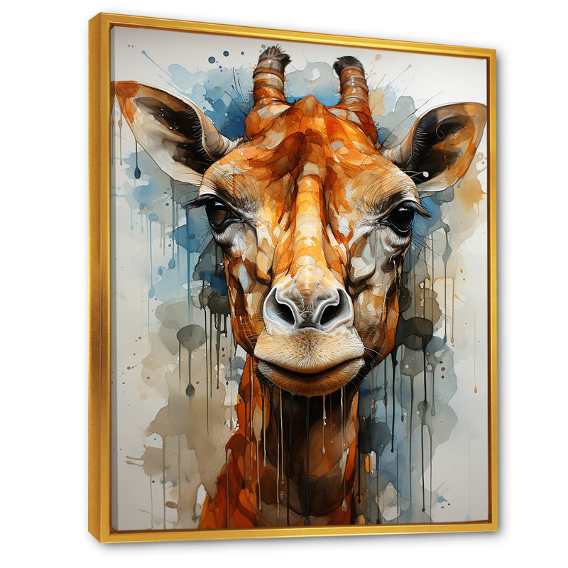 Girafe moderne, portrait sur toile, Cadre flottant doré, H 20 po x l 12 po x P 1 po