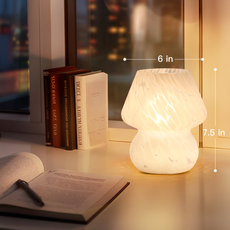Haslom 7.25” Bedside Glass Mushroom Ambient Table Lamp, Bulb Included, White