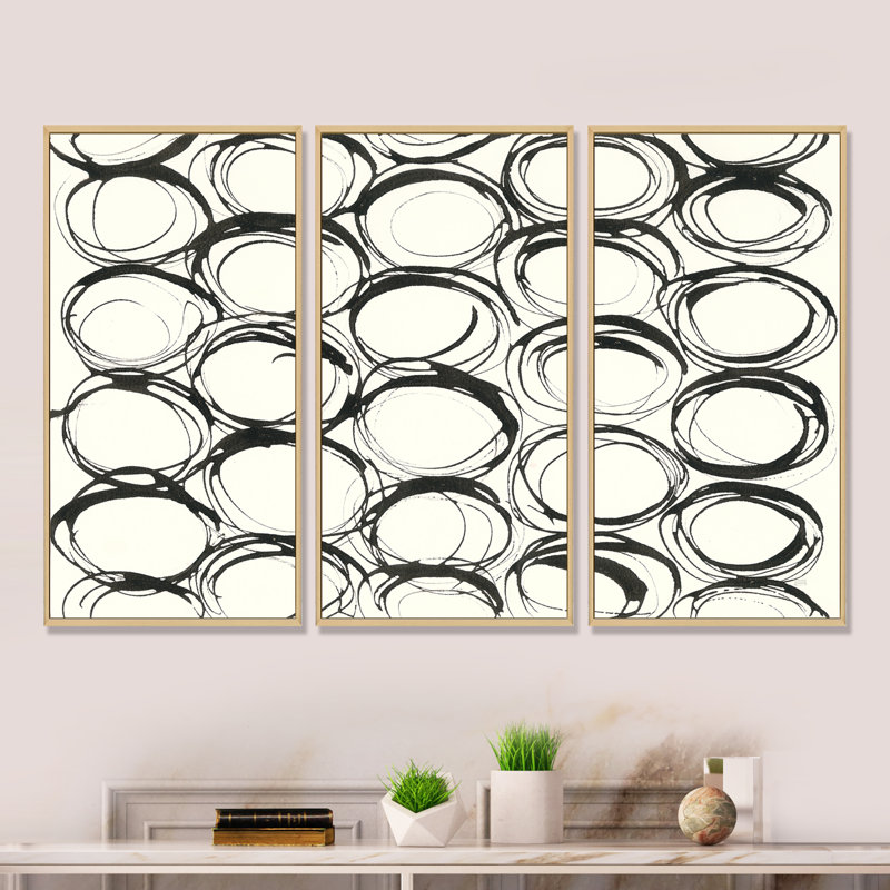 Minimaliste noir et blanc II - ensemble d'art moderne encadré sur toile Mid-Century, L 36 po x H 20 po, Encadrement brun