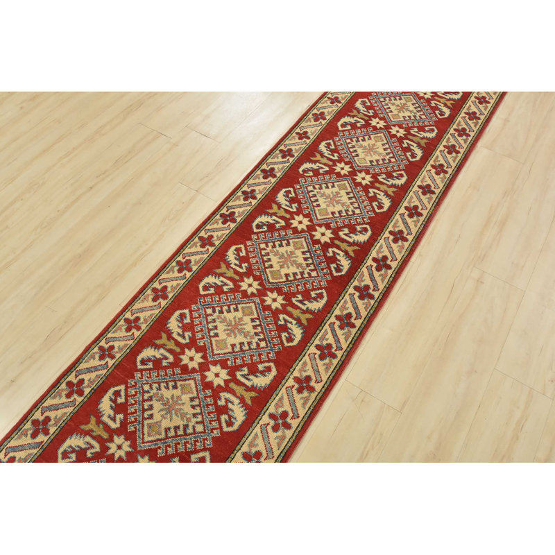Tapis de couloir rouge nouvel âge en laine 2 pi 3 po x 11 pi 2 po Moravka