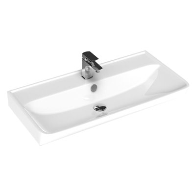 Lavabo de salle de bain mural Neo 80,01 en blanc brillant avec un trou de robinet