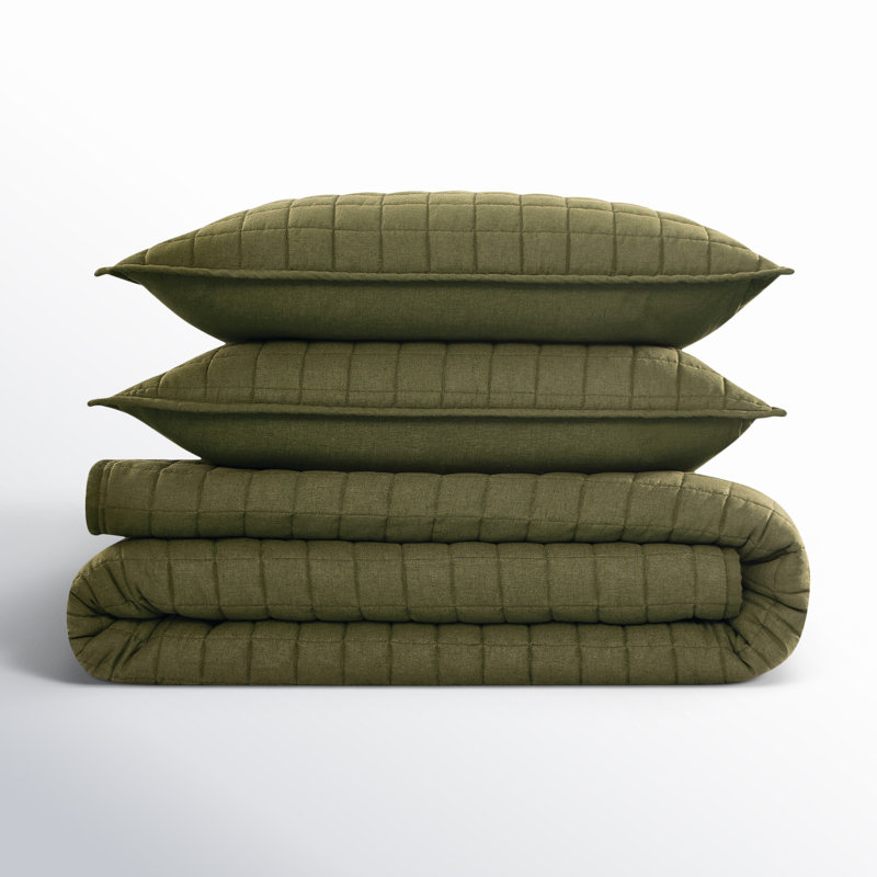 Nena 100% Linen Standard Solid Colour Quilt Set, Olive Green, King Quilt + 2 King Pillow Shams