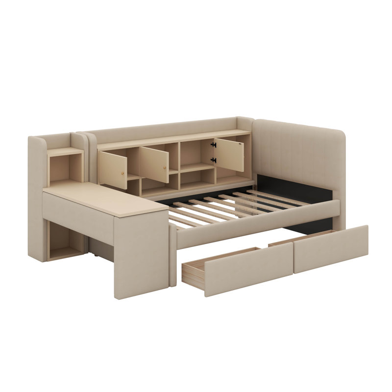 Lit de jour simple tapissier avec tiroirs, Beige
