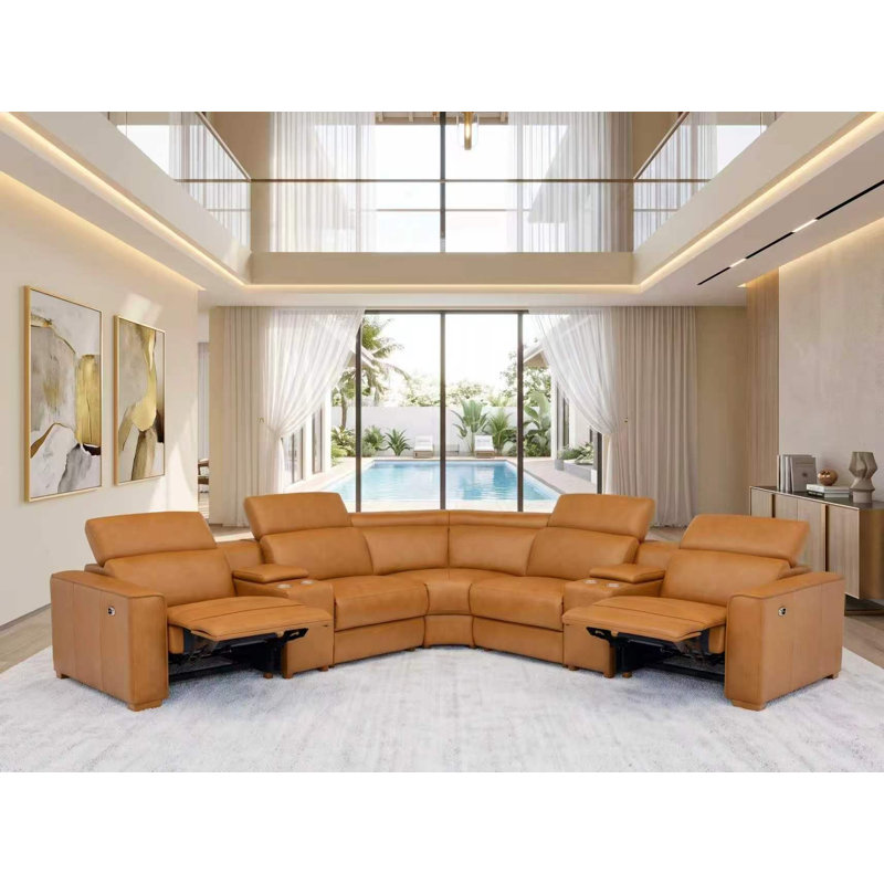 Brentkil Top-Grain Leather Reclining Modular Sectional, Ginger Top Grain Leather