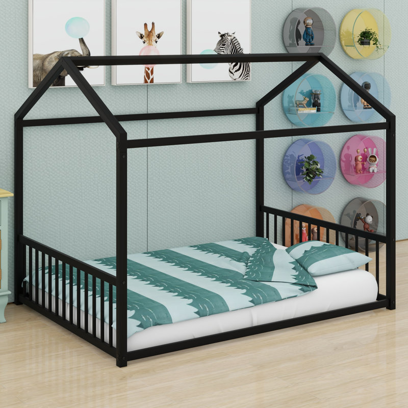 Sturdy Metal House Frame Bed: Montessori-Inspired Low-Profile Sleeper With Safety Rails For Independence, Black
