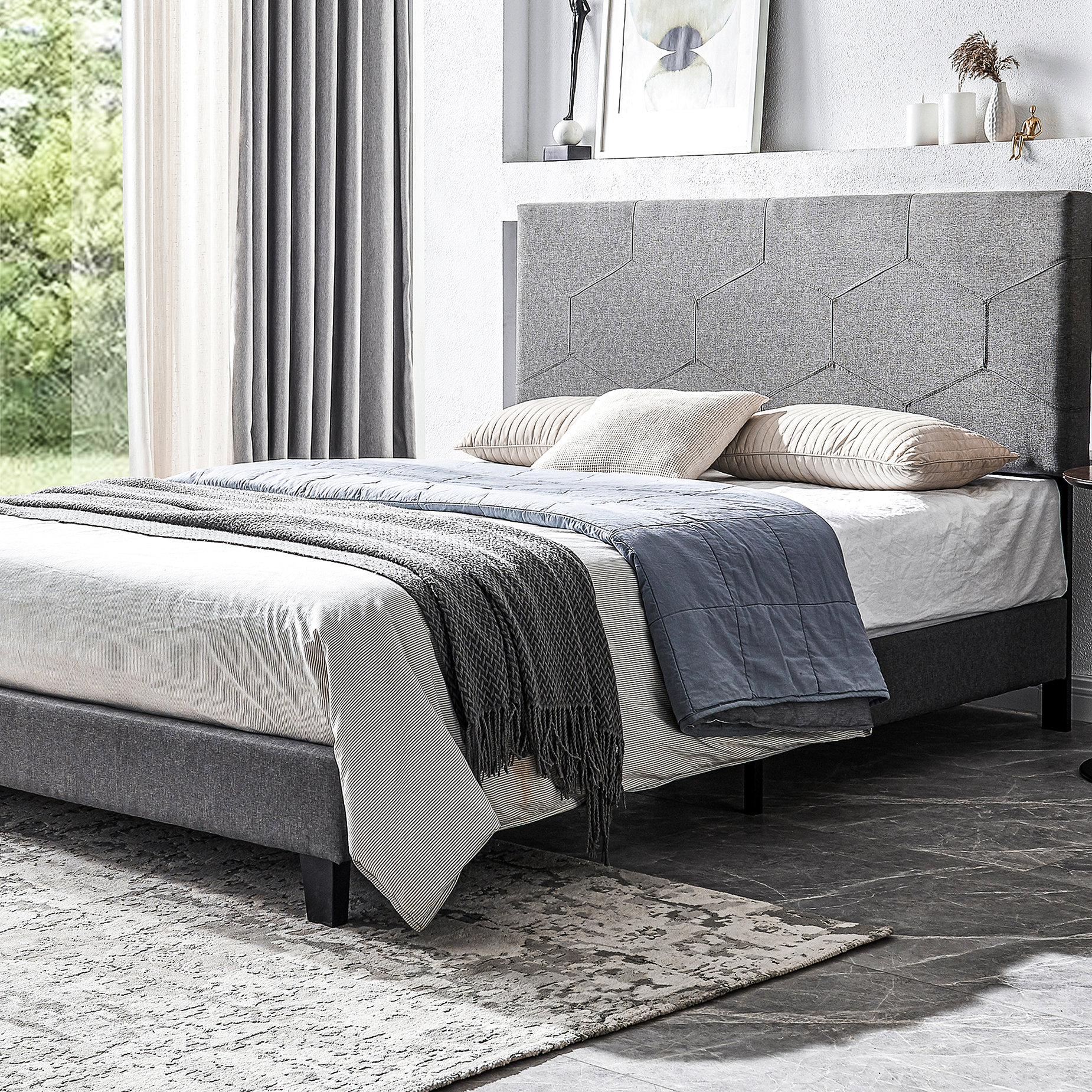 Ebern Designs Modern Grey Upholstered Queen Bed Frame With Slat Base ...