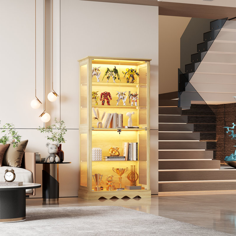 5-Tier Glass Display Cabinet with Tri-Color Sensor Light  and Lock, Natural