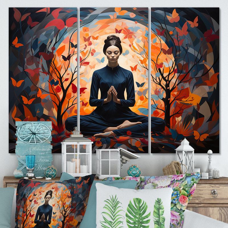 «Blue and Orange Yoga Bliss 3 - Yoga, art mural», Toile tendue, H 32 po x l 48 po