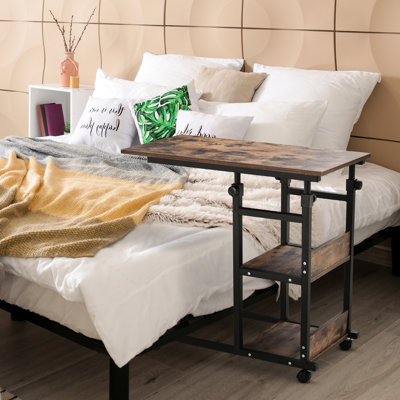 3 Storage Side Table With Design, Adjustable Height, Wheels, Brown Rolling Table, Storage, Finish