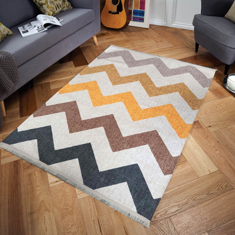 Tapis en coton tissé à la machine Edrin blanc / jaune / vert, Rectangle 3 pi 11 po x 5 pi 11 po