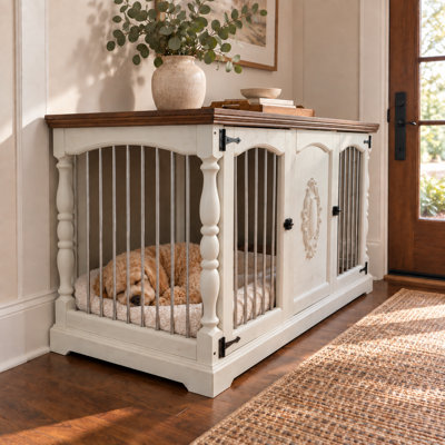 Grande cage de meuble pour chien de 62 po pouvant accueillir deux chiens, chenil double avec décor sculpté à la main, grand chenil