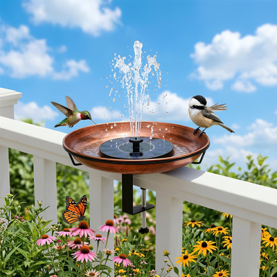 Bird Bath Deck Mounted With Integrated Solar Fountain And Adjustable Railing C-Clamp For Balconies And Porches