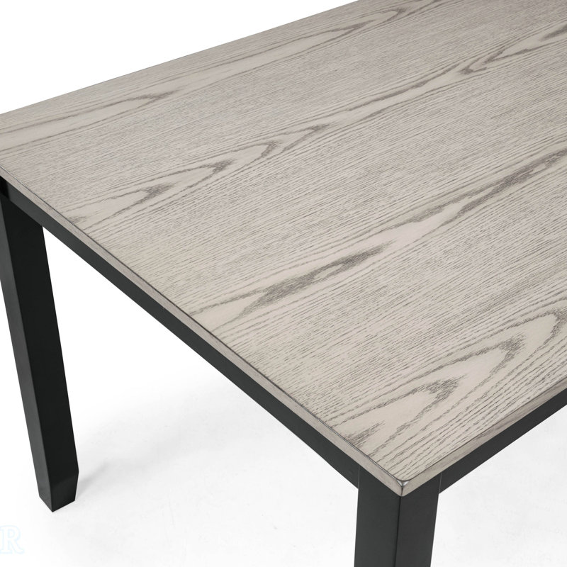 Ensemble de salle à manger 6 pièces avec table rectangulaire, grain de bois vieilli, dossier à lattes larges, sièges rembourrés et tissu neutre rembourré