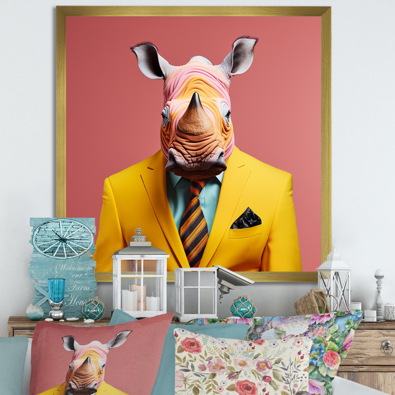 Art mural en forme de rhinocéros, H 36 po x l 36 po x P 1,5 po, Cadre doré simple