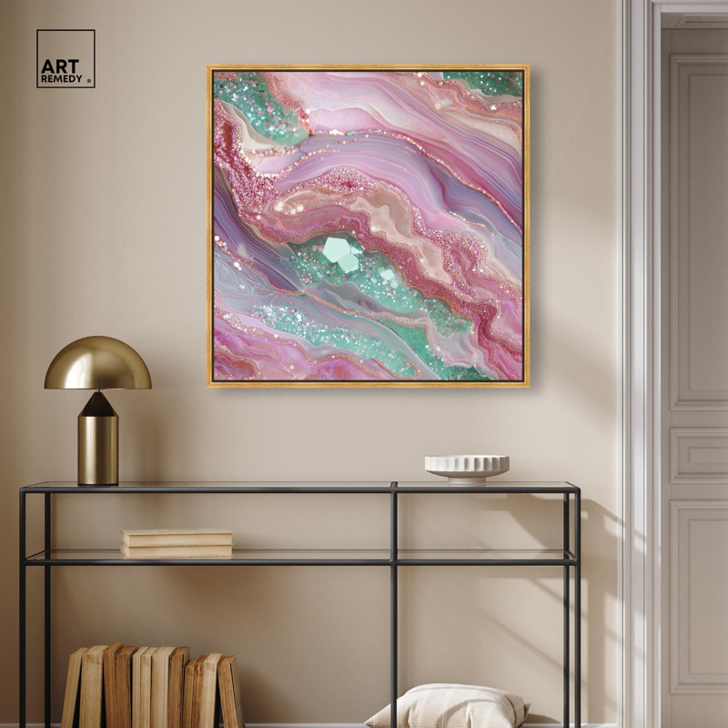 «Pink and Mint Crystal II», toile abstraite colorée par , H 31 po x l 31 po, Cadre flottant doré