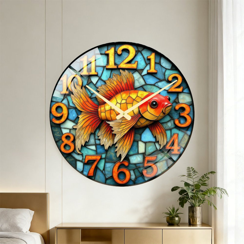 Horloge murale décorative en verre coloré avec poissons rouges - Horloge murale moderne en verre de 61 cm (24 po)