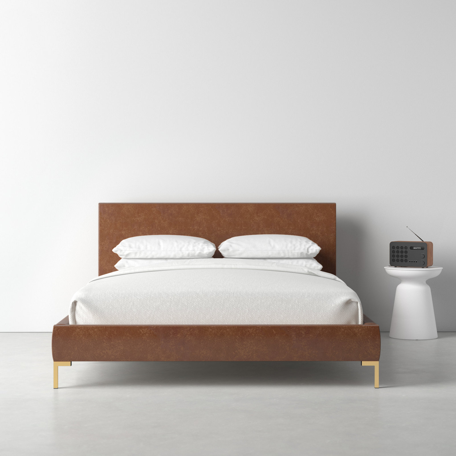 Rand Upholstered Bed, California King, Zuma Rosequartz Textured Linen, Brass