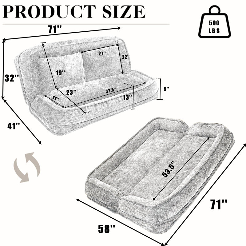 Très grand canapé-lit double en chenille pour homme avec positions ajustables pour les couples et les animaux de compagnie