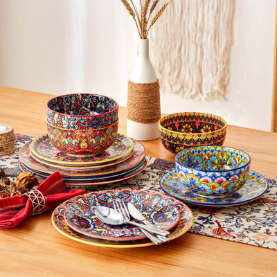 12 Pieces For 4,Dual,Sided Printed Boho Dinnerware Set, 4 Vibrant Patterns Inside & Out, Artistic Ceramic Plates & Bowls