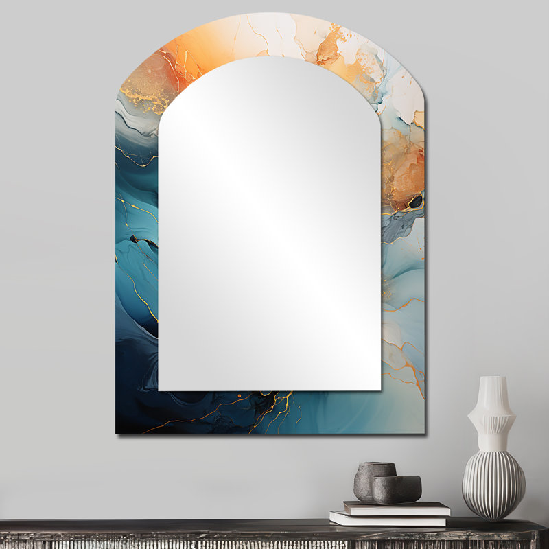 Teal Orange Bold Abstract Flow Collage II - Dams, miroir décoratif asymétrique, 34 po x 25 po