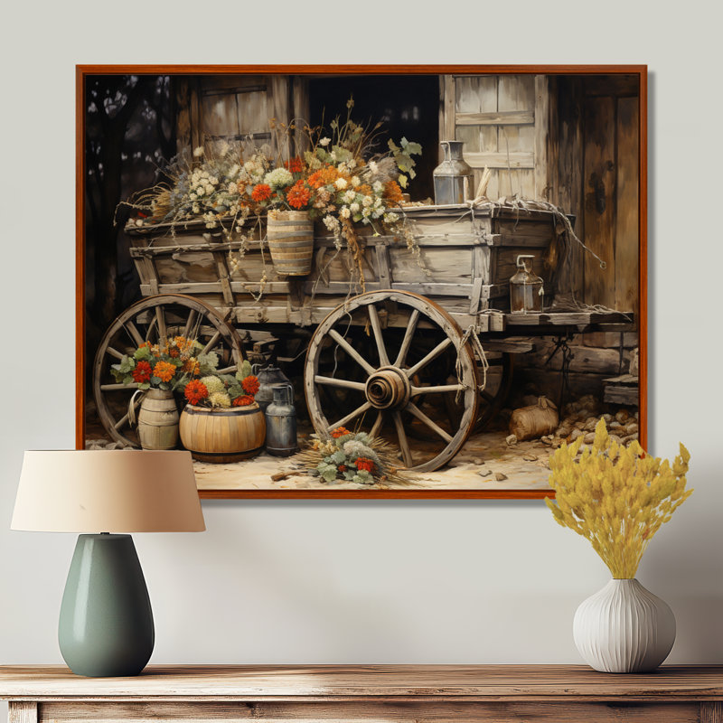 «Grey Old Cart Of Flowers I» - impressions sur toile de vieux chariot américain, H 30 po x l 40 po x P 1,5 po