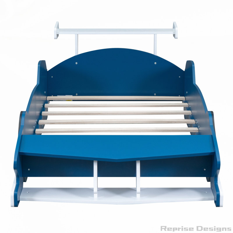 Lit en bois inspiré des voitures de course avec construction durable et rails de sécurité, disponible en plusieurs tailles et couleurs