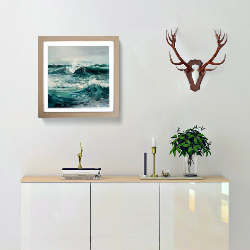 Ocean Gestural Art - Single Picture Frame Print on Wood, Oak