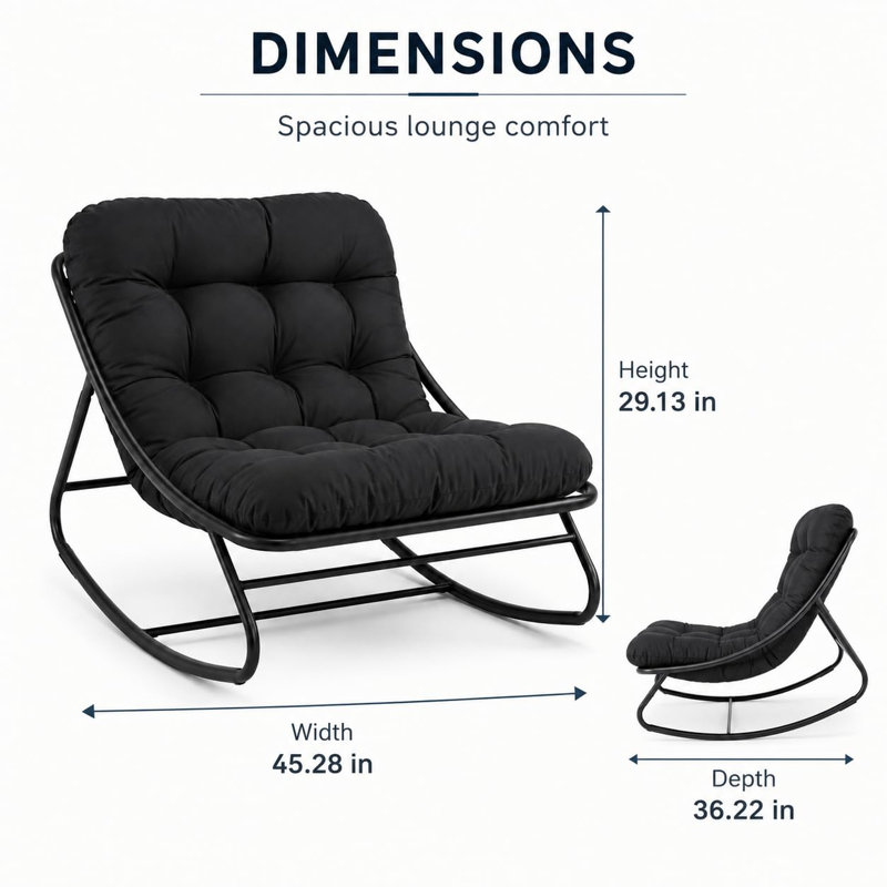 Fauteuil à bascule Papasan surdimensionné pour patio, gris foncé, style moderne et confortable, avec coussin épais et structure robuste, idéal pour balcon, véranda et terrasse.